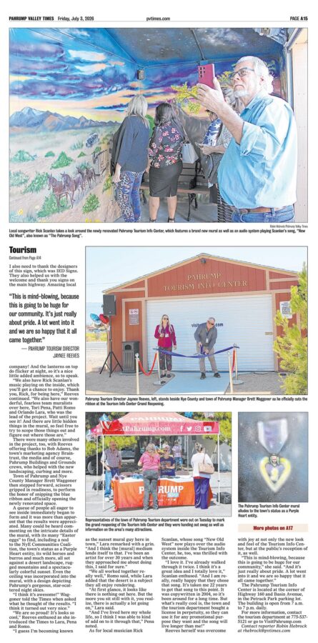 People take photos of a vivid mural at the Pahrump Tourism Info Center; others gather outside the center.