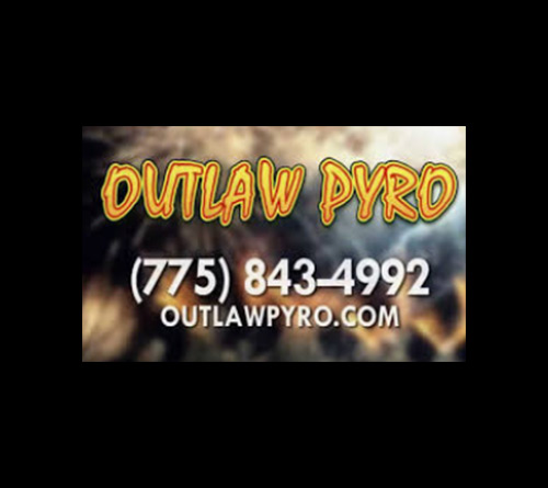 Outlaw Pyro logo with phone number (775) 843-4992 and website outlawpyro.com on a fiery background.