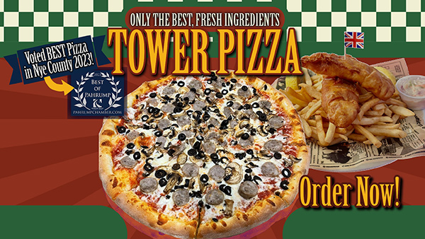 A large pizza with olives and mushrooms next to fish and chips, with text promoting Tower Pizza.