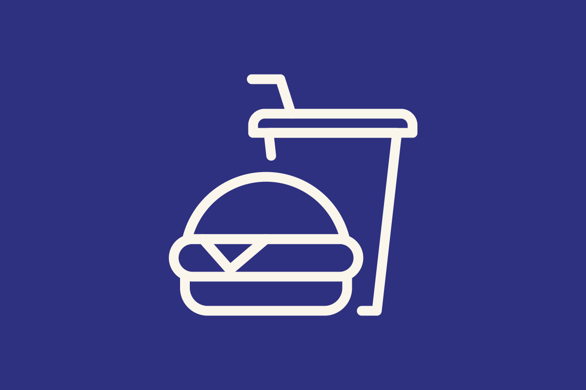 Line drawing of a burger and a drink with a straw on a solid blue background.