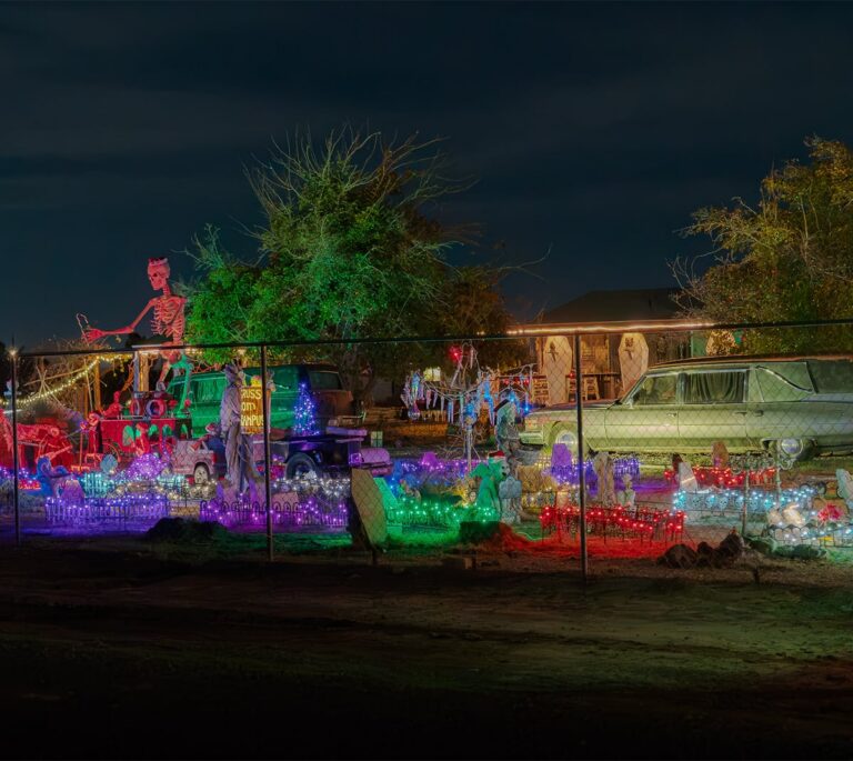 A yard decorated with colorful Halloween lights, skeletons, and a hearse at night.