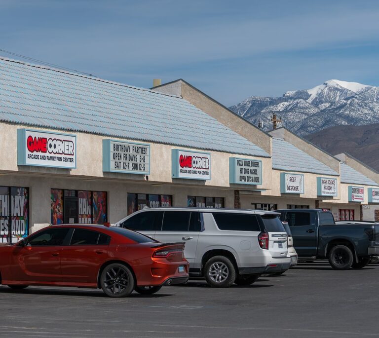 A row of shops with parked cars in front and snow-capped mountains in the background.