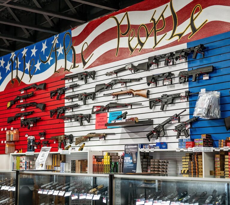 Wall display of rifles and guns in a store, with We the People on an American flag backdrop.