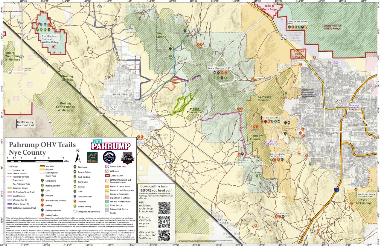 Map showing Pahrump OHV trails in Nye County, Nevada, with trailheads, roads, and points of interest.