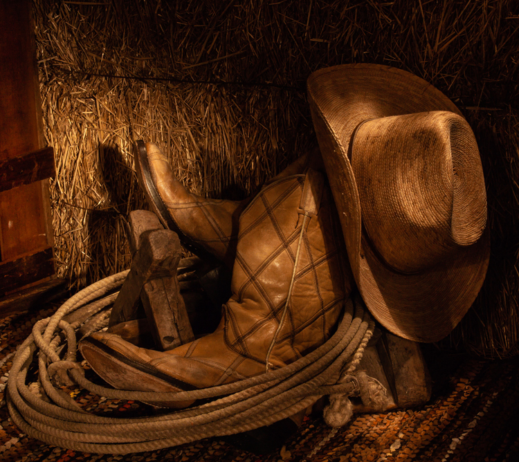 Cowboy boots, a hat, and a coiled rope rest against a bale of hay on a patterned rug in warm lighting.