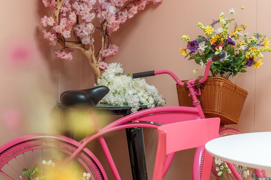 Pink bicycle with a basket of colorful flowers, beside a pink wall and a blooming tree with white blossoms.