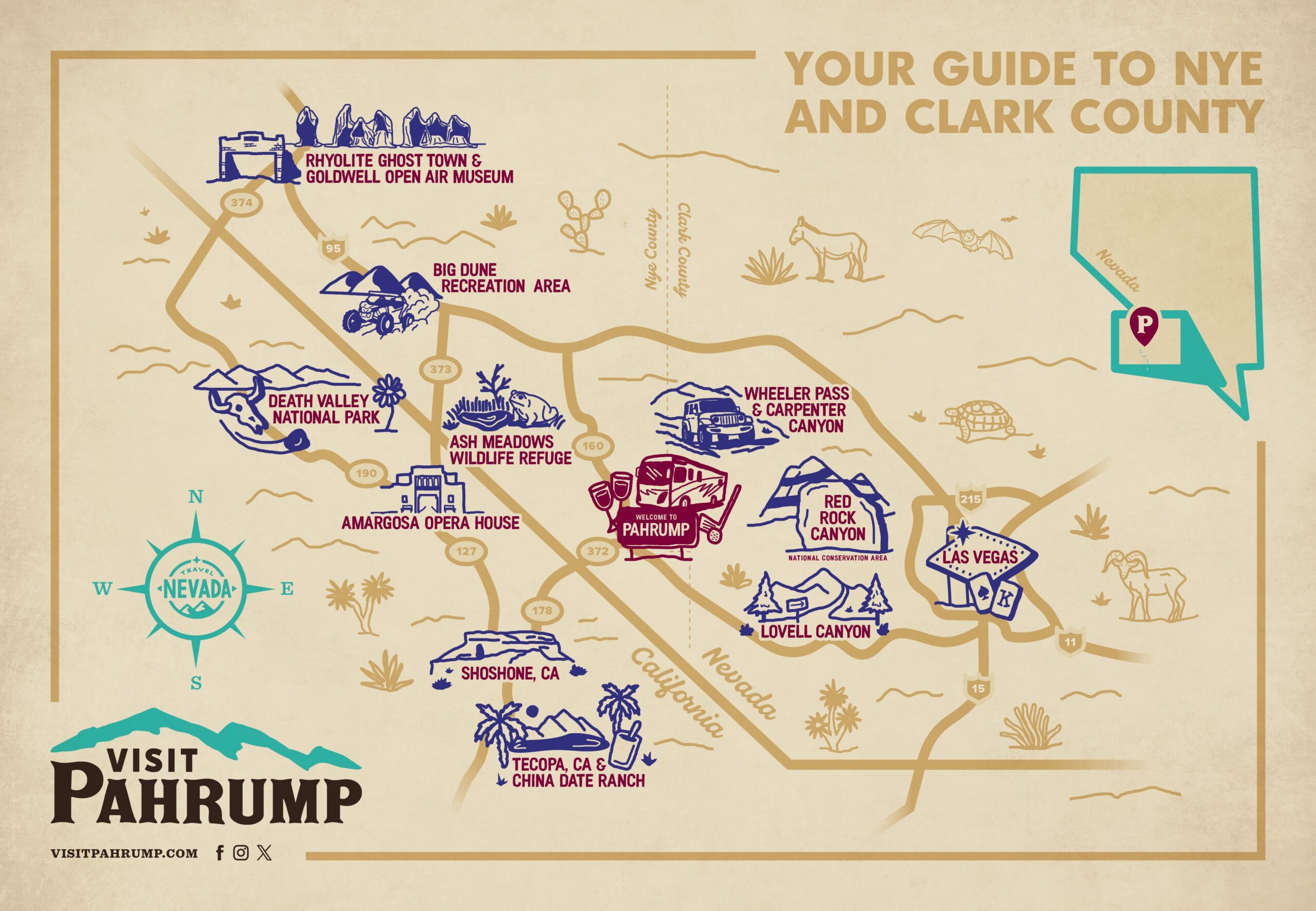 Illustrated map highlighting attractions in Nye and Clark County, Nevada, centered around Pahrump.