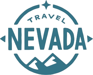 Blue Travel Nevada logo with mountain silhouettes and simple geometric accents surrounding the text.