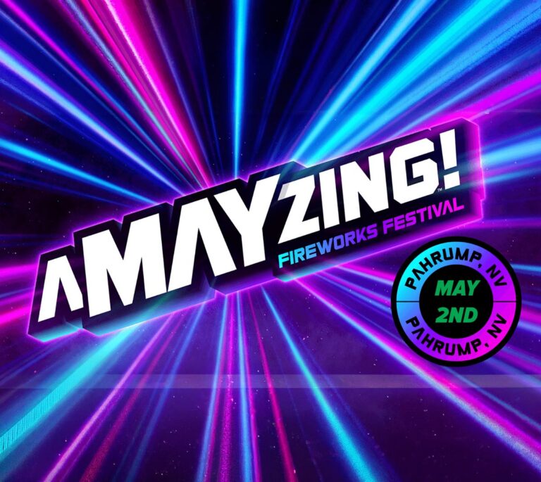 Colorful neon lights burst behind bold text: AMAYZING! Fireworks Festival. Pahrump, NV. May 2nd.