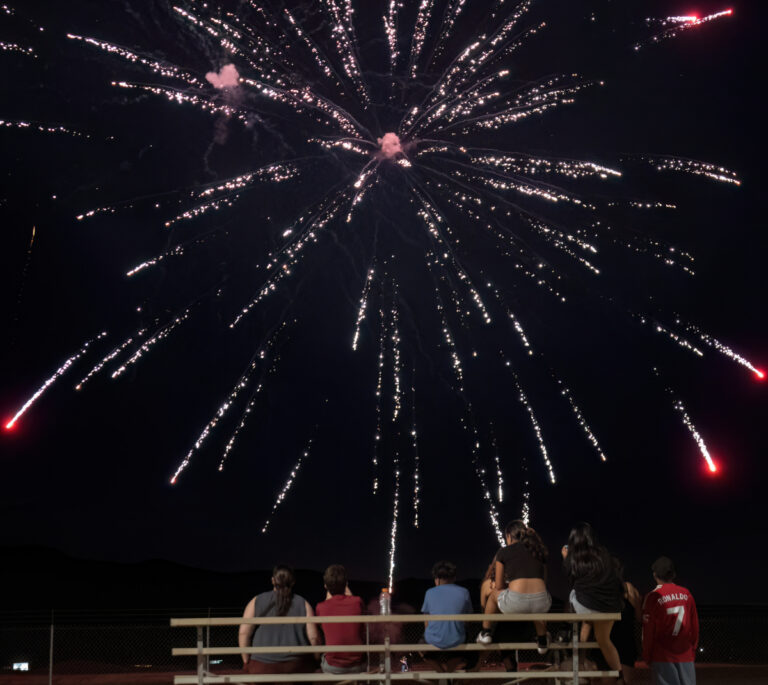 A group of people sit on bleachers at night, watching fireworks burst in the sky above them.