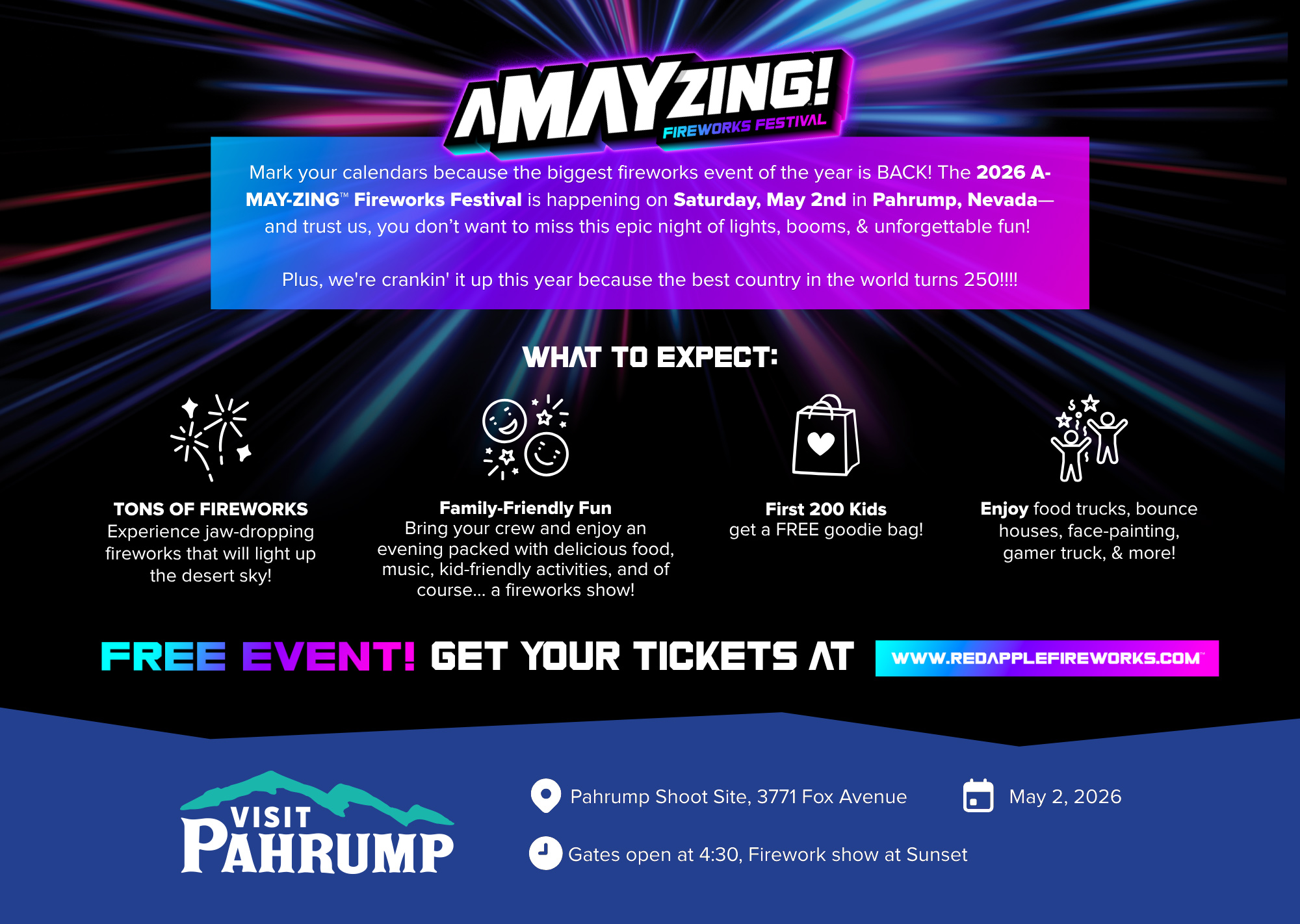 Colorful festival flyer for A-MAY-ZING! Fireworks Festival 2026 in Pahrump; highlights activities and ticket info.