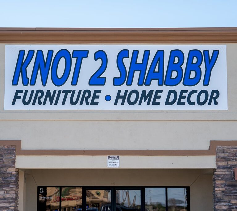 Storefront sign reads “Knot 2 Shabby Furniture · Home Decor” above building entrance.