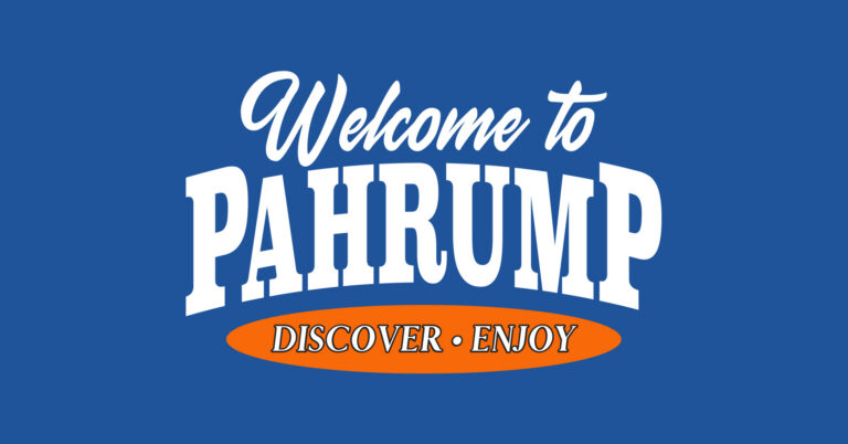 Welcome to Pahrump text on blue background, with Discover · Enjoy in an orange oval below.