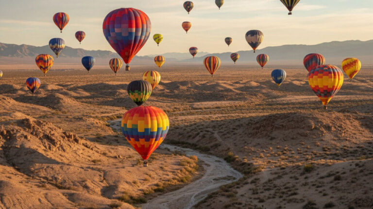 Colorful hot air balloons float over a desert landscape with mountains in the background at sunrise.