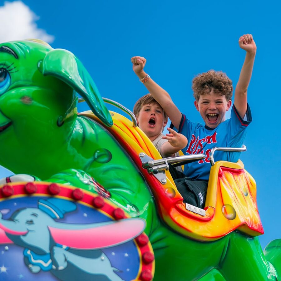 Two excited boys ride a green Dumbo ride under a bright blue sky, raising their arms and smiling.