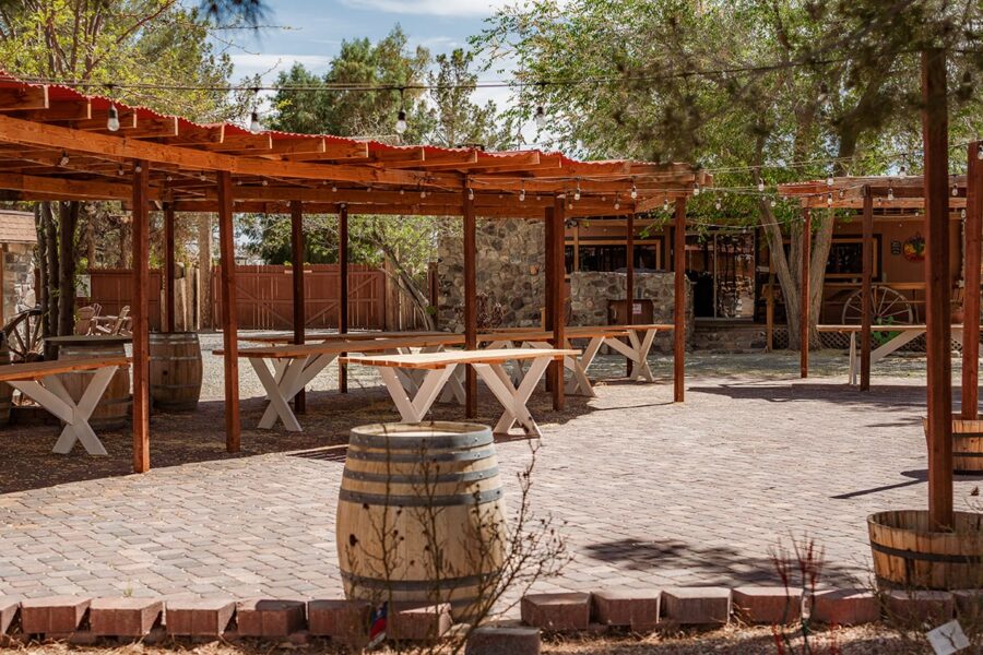 Outdoor patio with wooden tables, barrel planters, string lights, and trees on a sunny day.