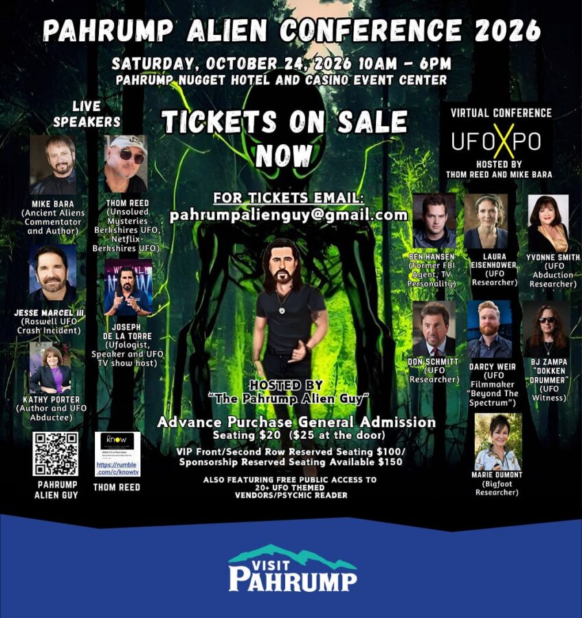 Colorful poster for the Pahrump Alien Conference 2026 featuring speakers, details, and ticket info.