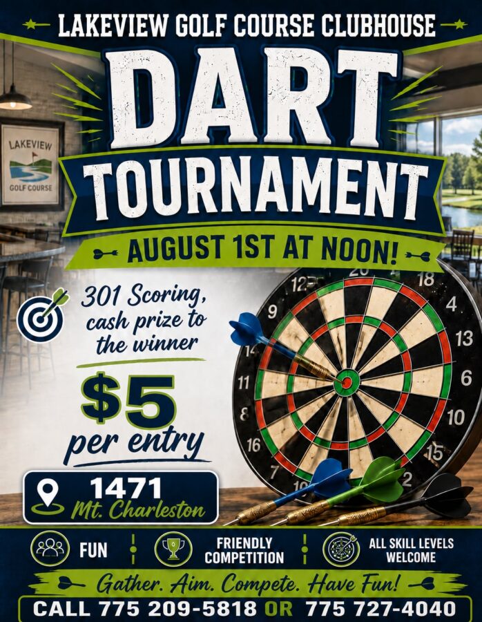 Poster for a dart tournament at Lakeview Golf Course Clubhouse on August 1st at noon, $5 entry fee.