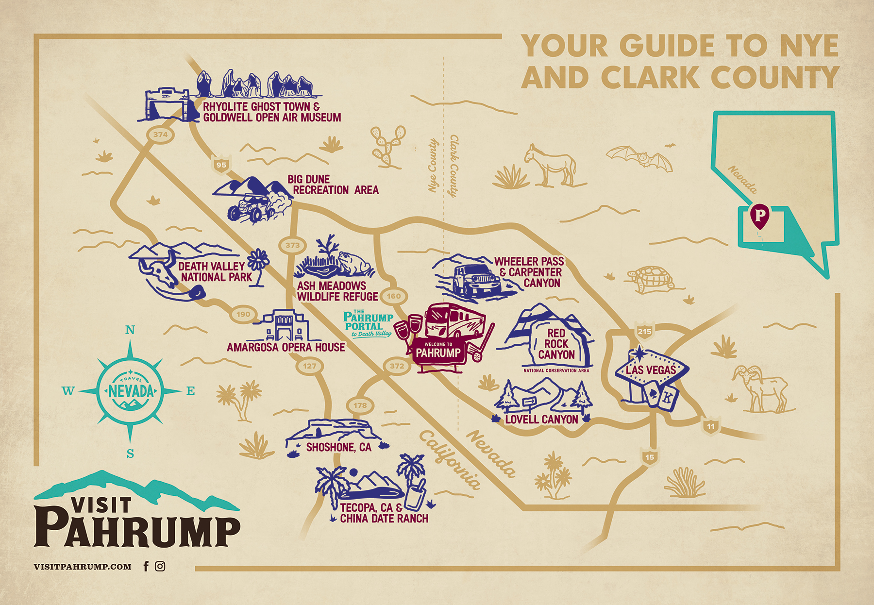 Illustrated map of Pahrump, Nevada, highlighting nearby attractions and towns in Nye and Clark County.