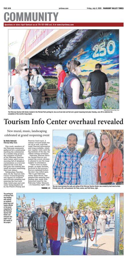 People gather outside a tourism info center, viewing a mural and attending a grand reopening event.