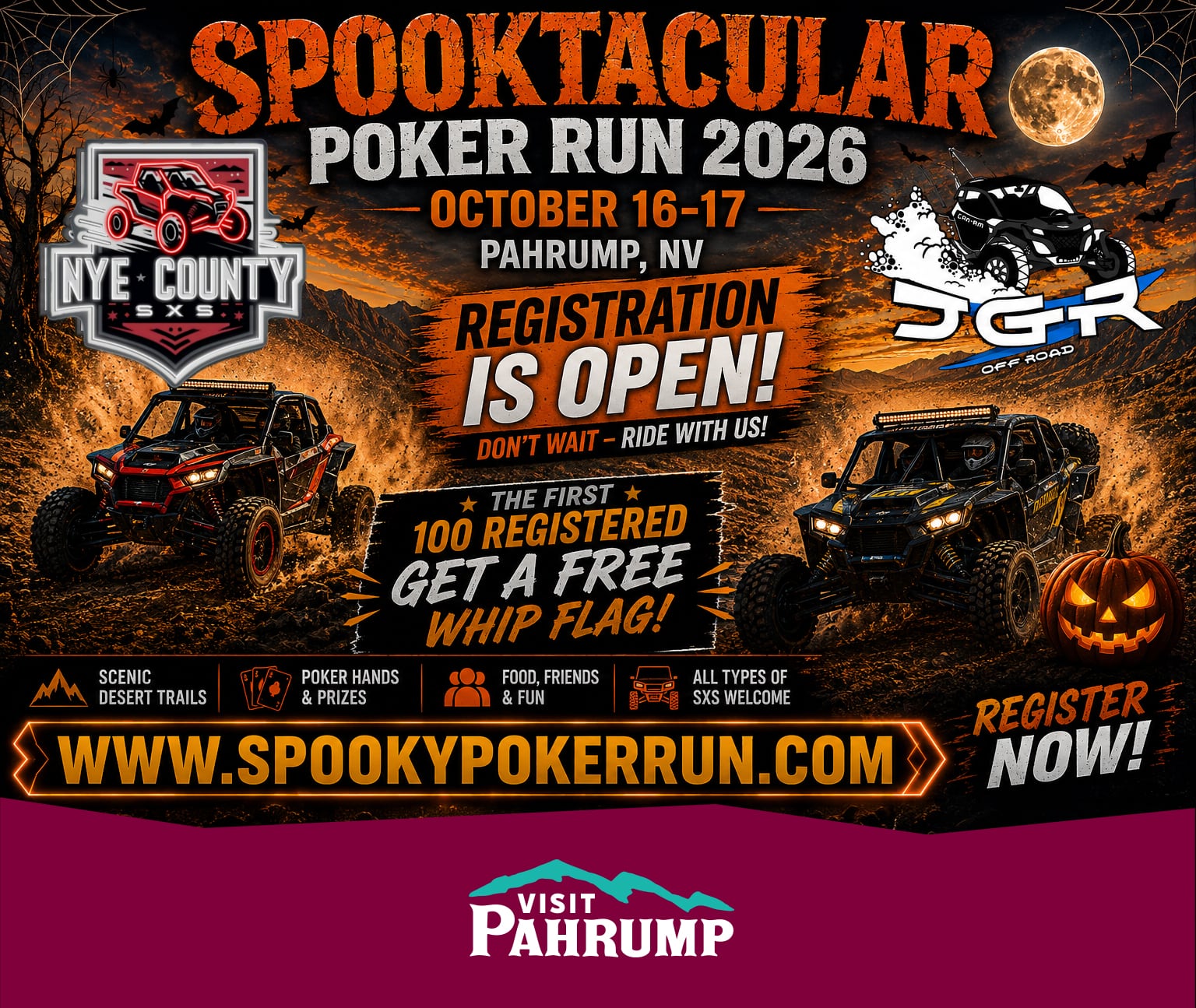 Spooktacular Poker Run 2026 event poster with off-road vehicles, event dates, and registration info.