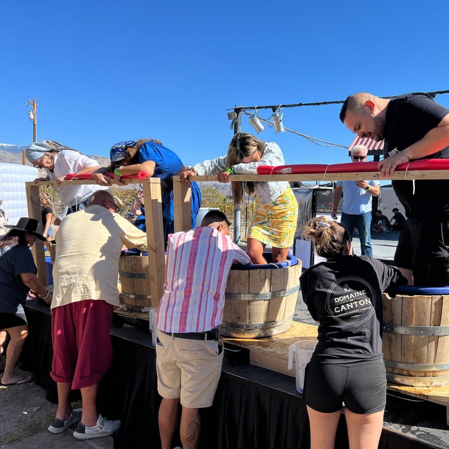 People stomp grapes in wooden barrels at an outdoor event under a clear blue sky.