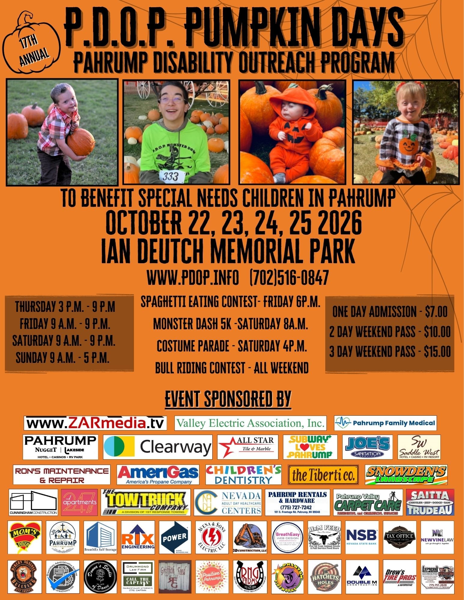 Flyer for the 17th Annual P.D.O.P. Pumpkin Days event on October 22–25, 2026, listing schedule and sponsors.