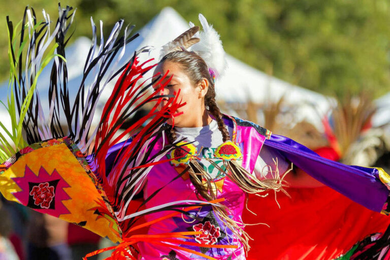 A dancer in vibrant traditional regalia performs with flowing ribbons.